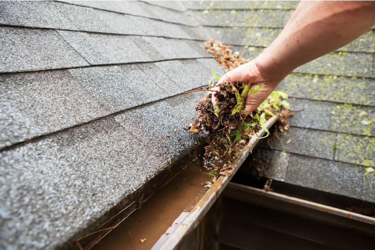 Image of homeowner without LeafFilter cleaning gutters.